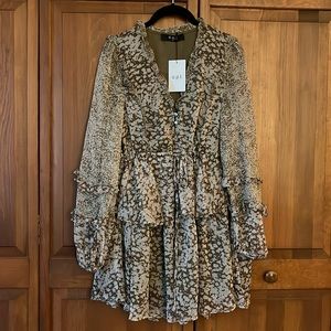 O.p.t. Brown print v neck long sleeve tiered dress-size S-NWT